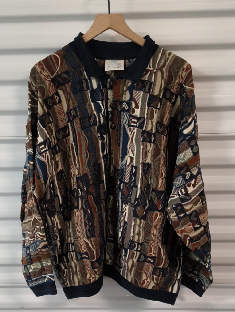 Vtg Coogi Australia 3D Textured Mercerized Cotton Knit Collared Sweater XL